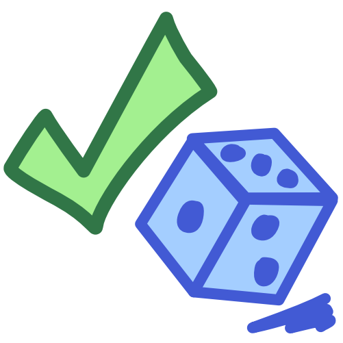 a blue die tipped on one of its corners with a blue shadow in front of sits next to a green checkmark. The image has dark line art.